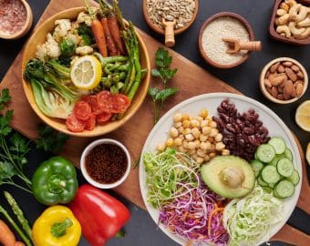 Vegan protein source. Buddha bowl dish, avocado, pepper, tomato,