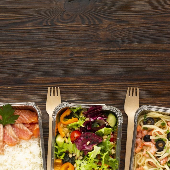 Flat lay batch cooking arrangement with copy space